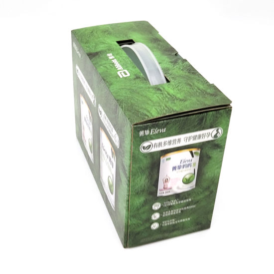 China Manufacturer Custom OEM Logo Printed Milk Power Coffee Fruit Juice Gift Packaging Paper Carton Box with PVC Window Plastic Handle